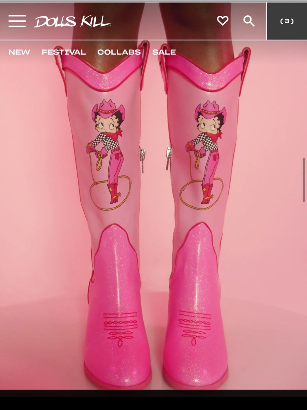 Betty Boop Pink Glitter Western Knee Boots with Gold Star Accents - Picture 4 of 10